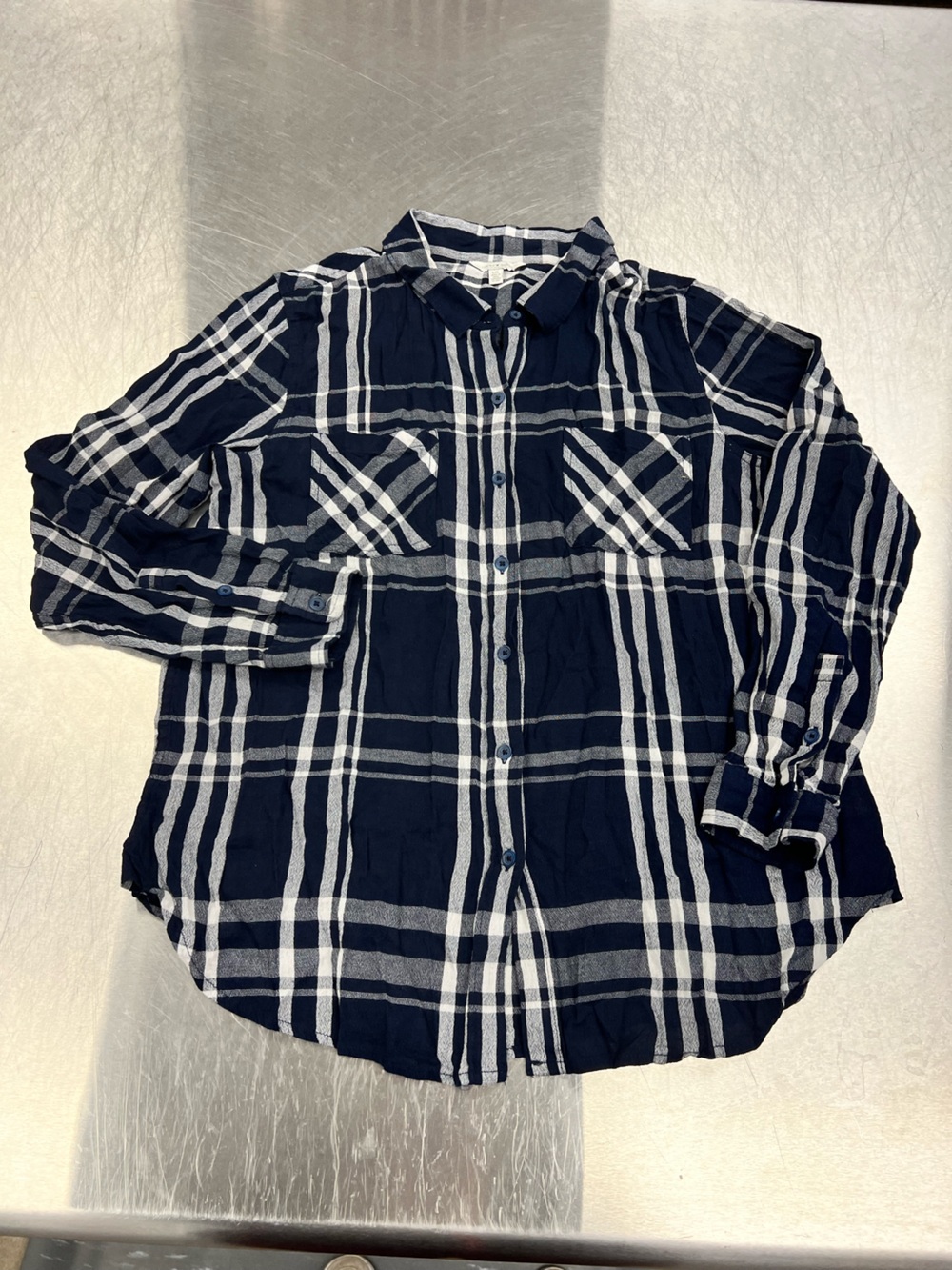 Lucky Brand Navy and White Plaid Button-Down Shirt